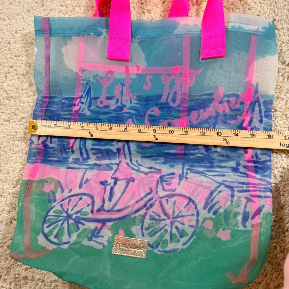 Lilly Pulitzer Mesh Beach Tote Bag Blue Pink Let's Go Somewhere Bicycle Preppy - Picture 7 of 8